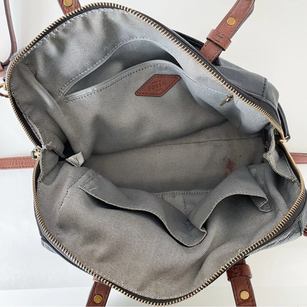 Fossil 100% Leather Black and Cognac Rachel Satchel Purse - Picture 7 of 7